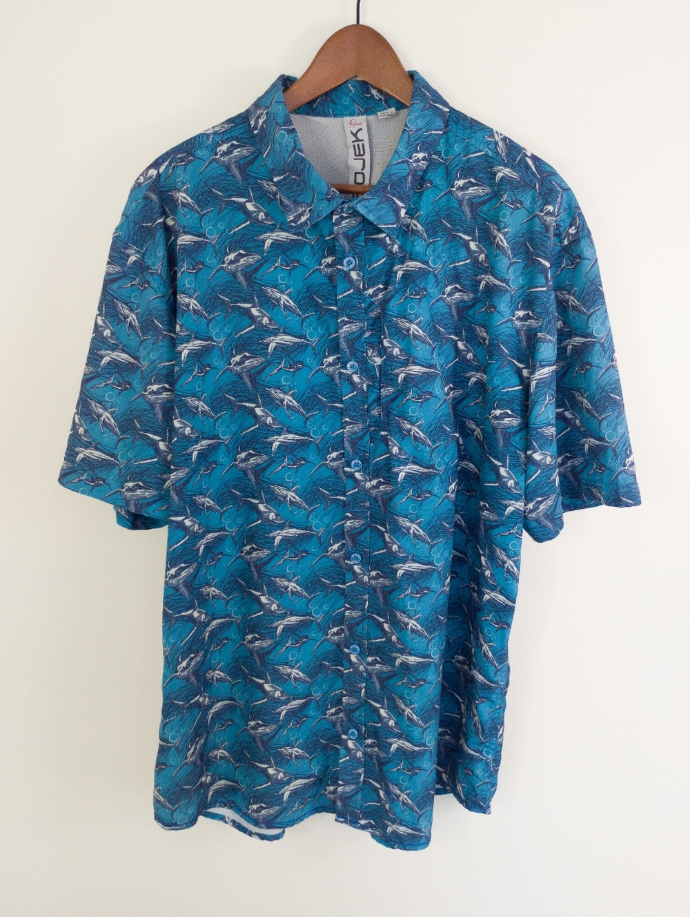 Projek Raw Mens XXL Short Sleeve Button Up Shirt Blue Shark Ocean Print Stretch